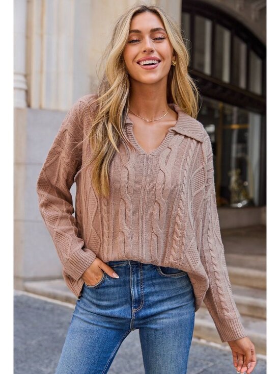 Cupshe Sweaters - NWT Cupshe Rose Sand Collared Long Sleeve Cable Knit Jumper - Size: Extra Large